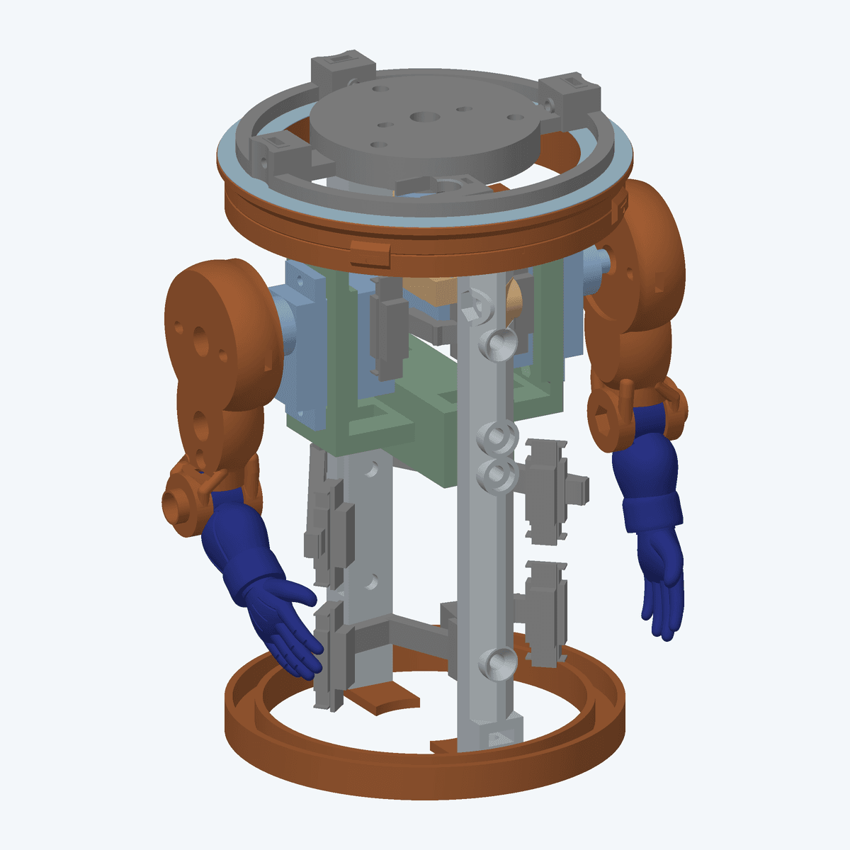 Body mechanism with its outer covering removed, showing the printed uprights, shoulder servos, head support, light brackets, and complete arms with forearms and hands.