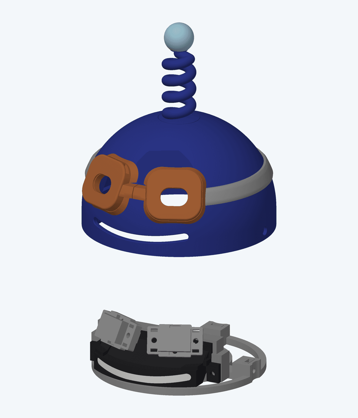 Exploded head assembly with the shell, goggles, and antenna lifted above the eye cassettes, mouth light module, and head carrier.