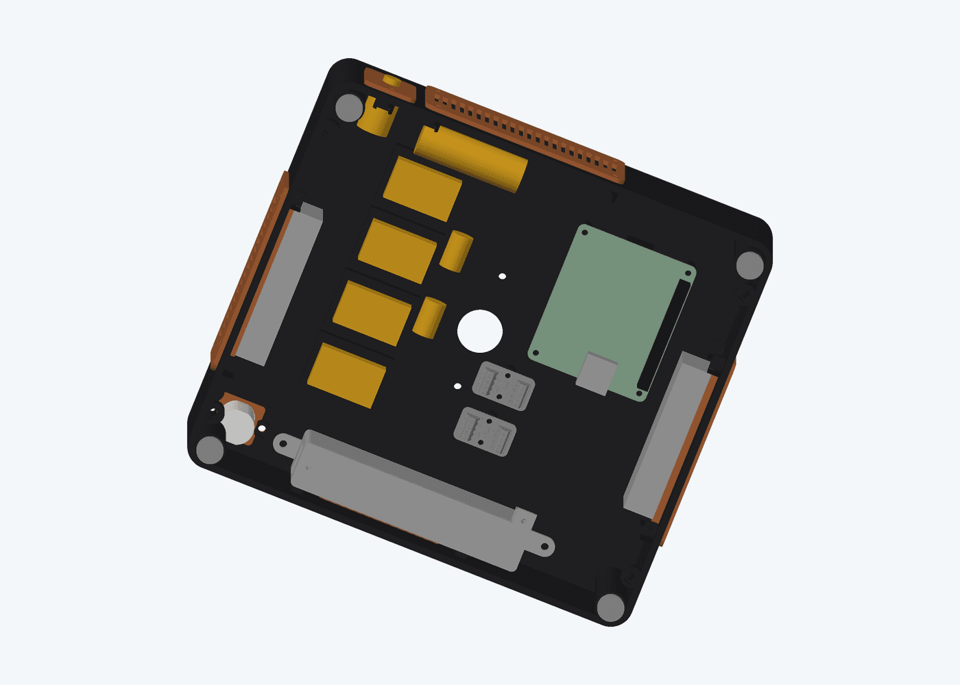 CAD view into the electronics base with the bottom cover removed, showing the Raspberry Pi, speakers, and mounted components.