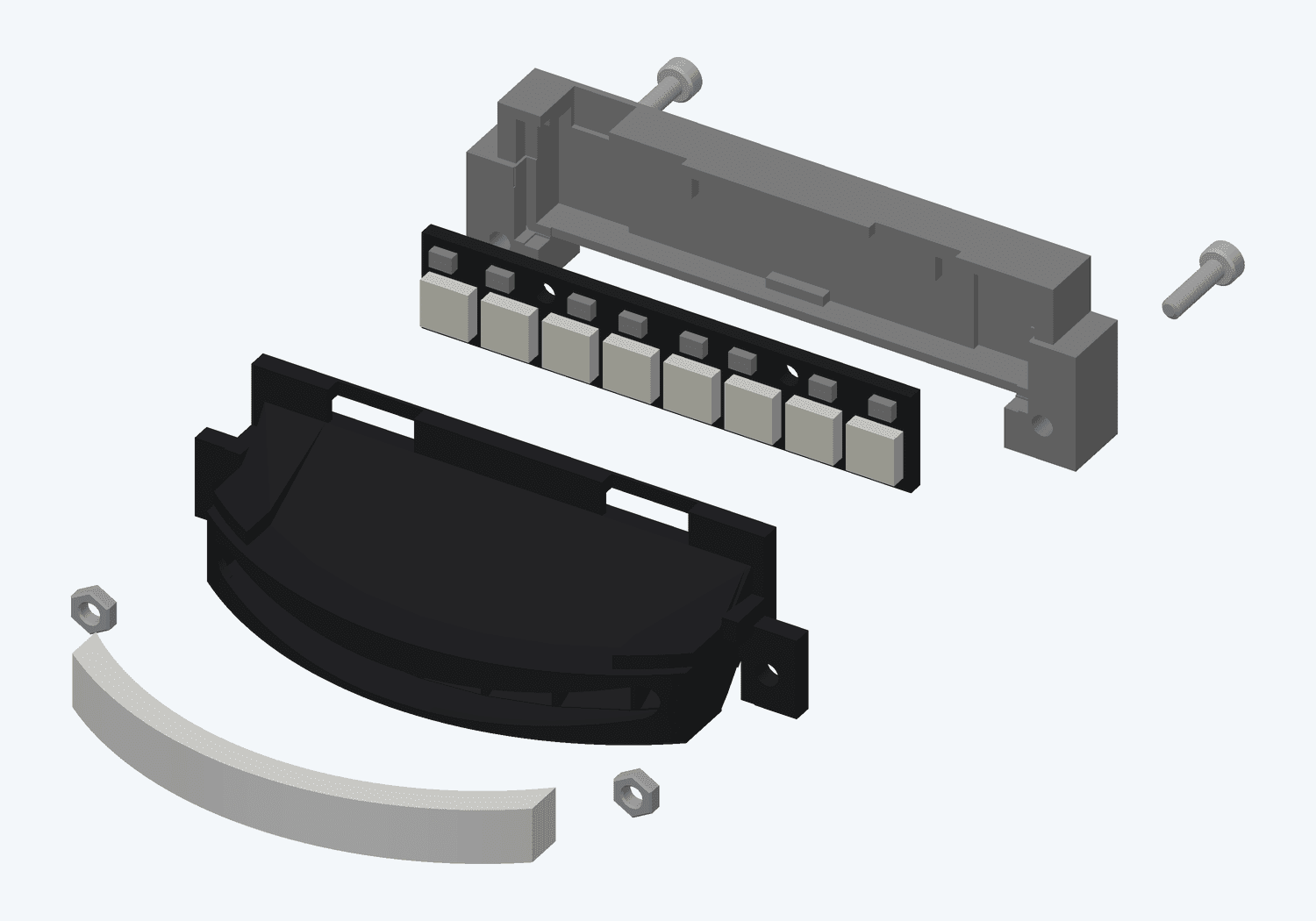 Exploded mouth assembly showing the curved foam diffuser, printed holder, eight-LED NeoPixel stick board, rear cover, two screws, and two nuts.